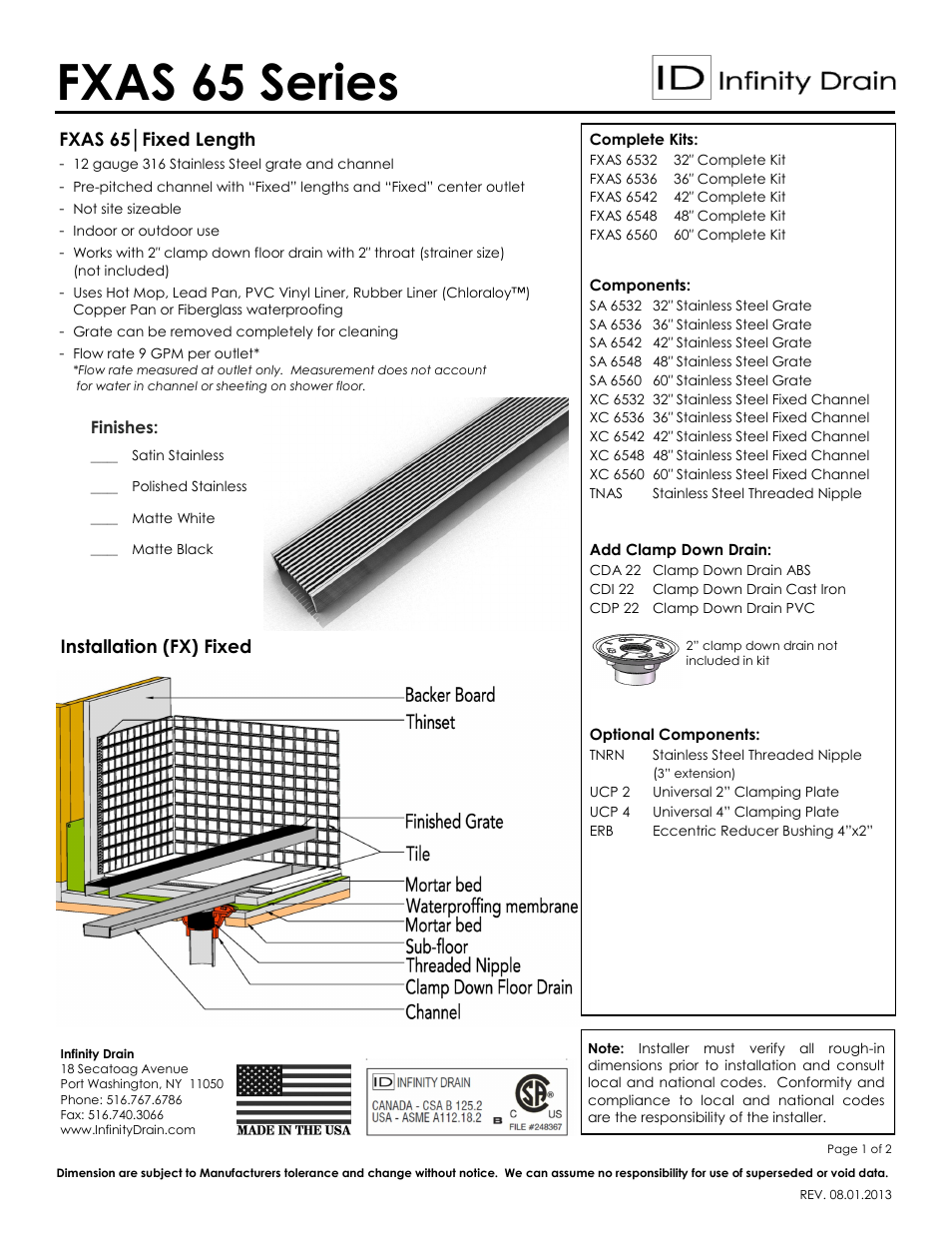 Infinity Drain FXAS 6560 Series Submittal Sheet User Manual | 2 pages