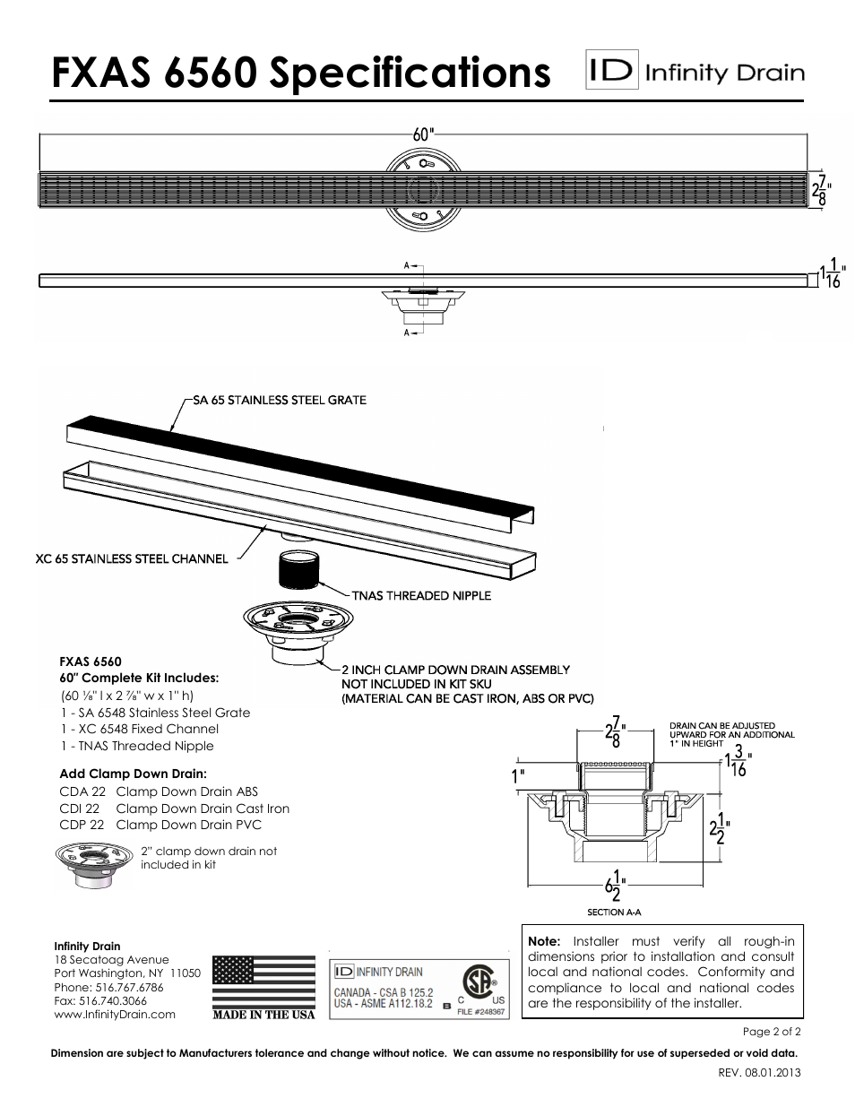 Fxas 6560 specifications | Infinity Drain FXAS 6560 Series Submittal Sheet User Manual | Page 2 / 2