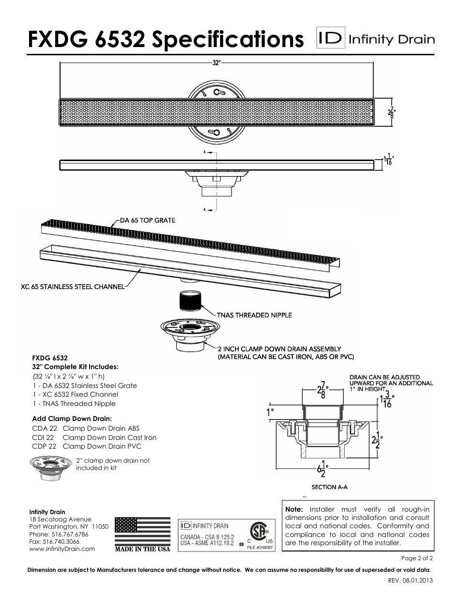 Fxdg 6532 specifications | Infinity Drain FXDG 6532 Series Submittal Sheet User Manual | Page 2 / 2