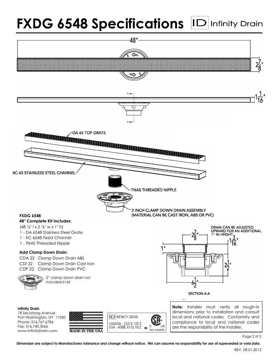 Fxdg 6548 specifications | Infinity Drain FXDG 6548 Series Submittal Sheet User Manual | Page 2 / 2