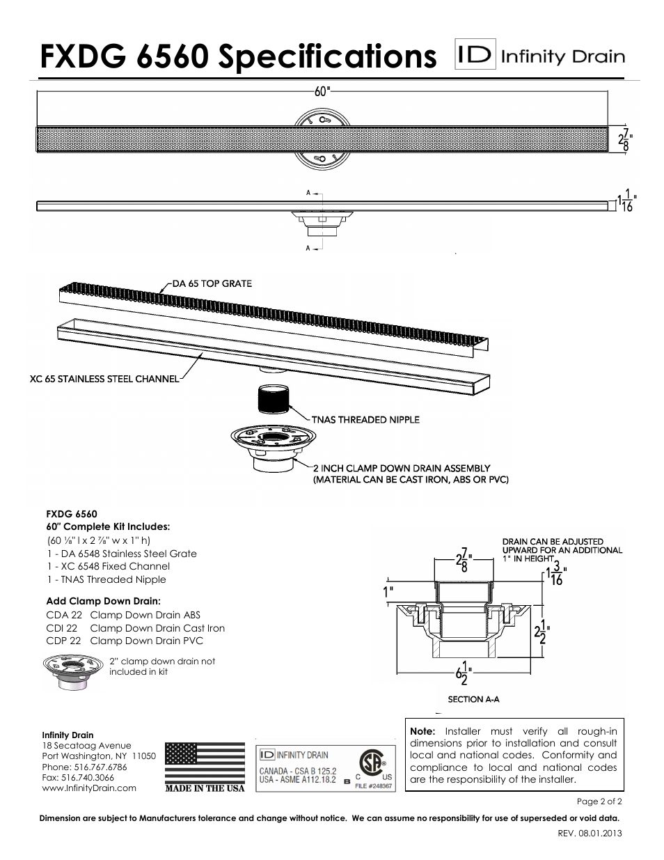 Fxdg 6560 specifications | Infinity Drain FXDG 6560 Series Submittal Sheet User Manual | Page 2 / 2