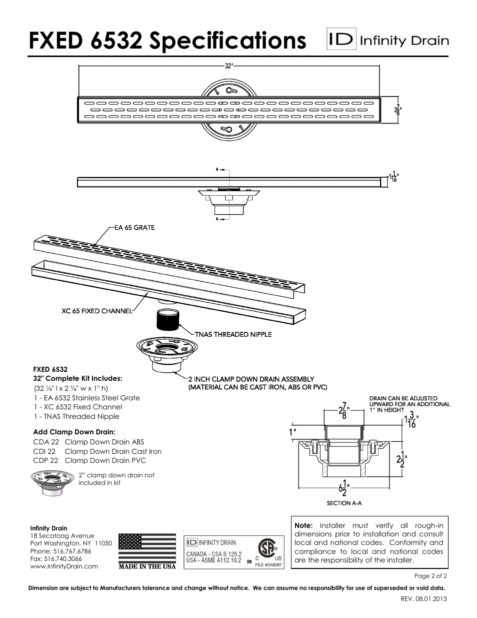 Fxed 6532 specifications | Infinity Drain FXED 6532 Series Submittal Sheet User Manual | Page 2 / 2