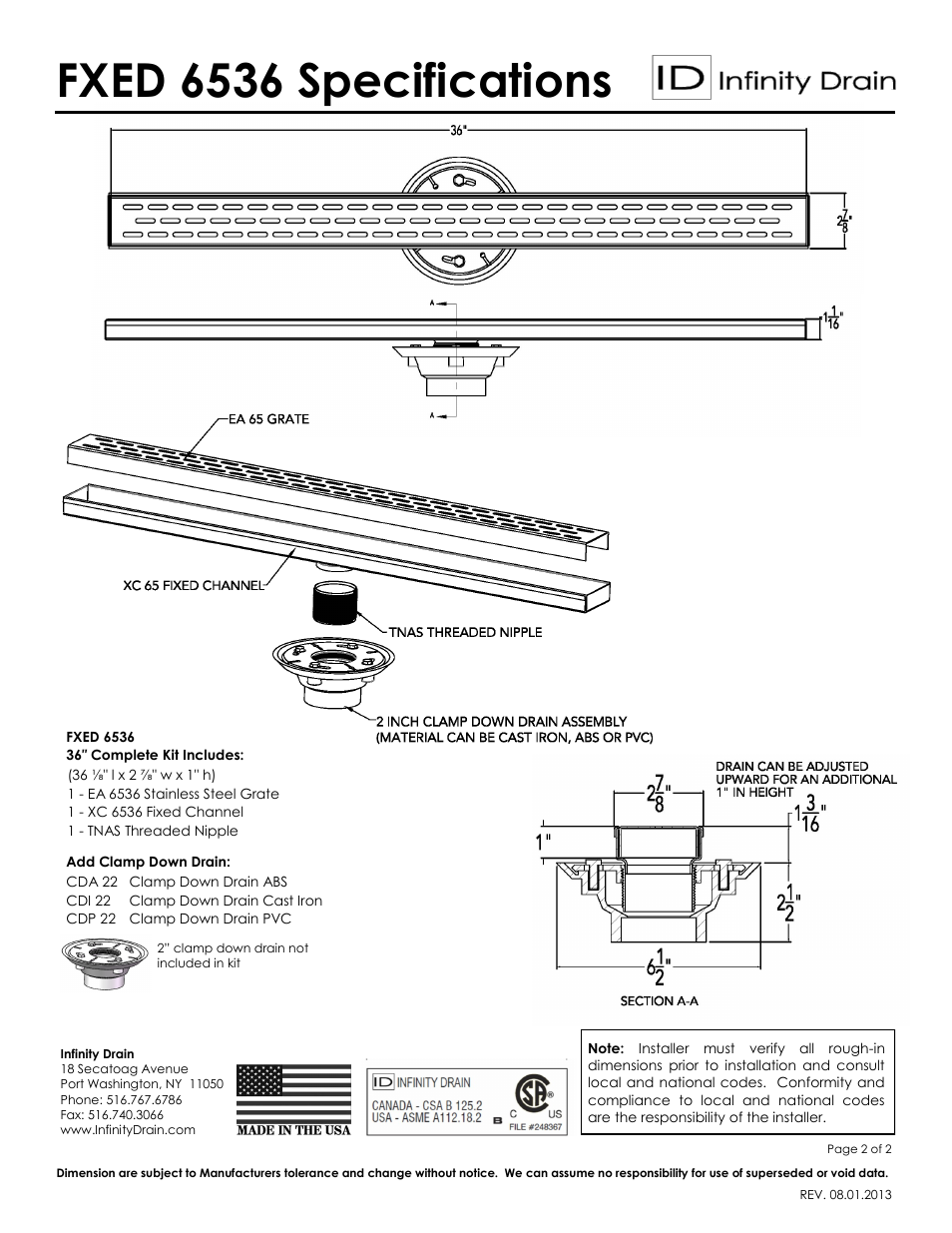 Fxed 6536 specifications | Infinity Drain FXED 6536 Series Submittal Sheet User Manual | Page 2 / 2