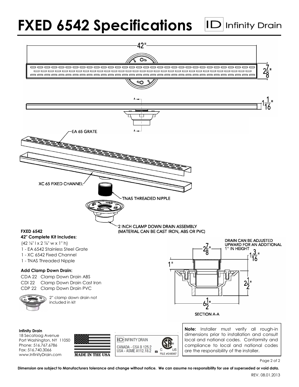 Fxed 6542 specifications | Infinity Drain FXED 6542 Series Submittal Sheet User Manual | Page 2 / 2