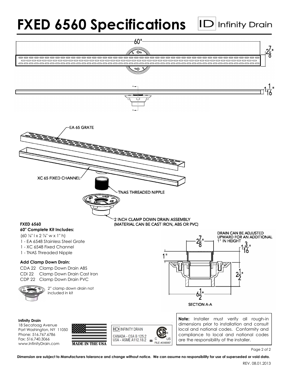 Fxed 6560 specifications | Infinity Drain FXED 6560 Series Submittal Sheet User Manual | Page 2 / 2