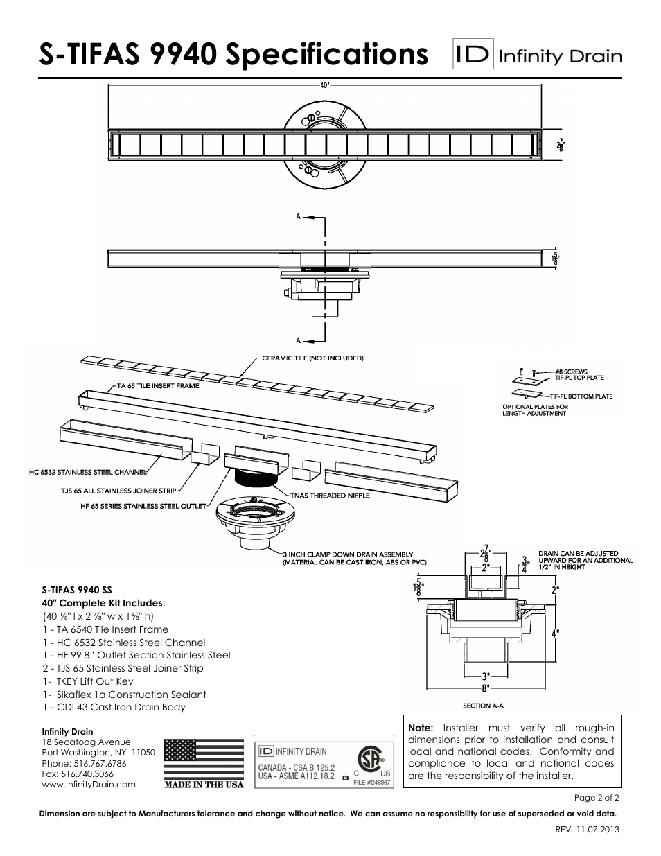 S-tifas 9940 specifications | Infinity Drain S-TIFAS 9940 Series Submittal Sheet User Manual | Page 2 / 2