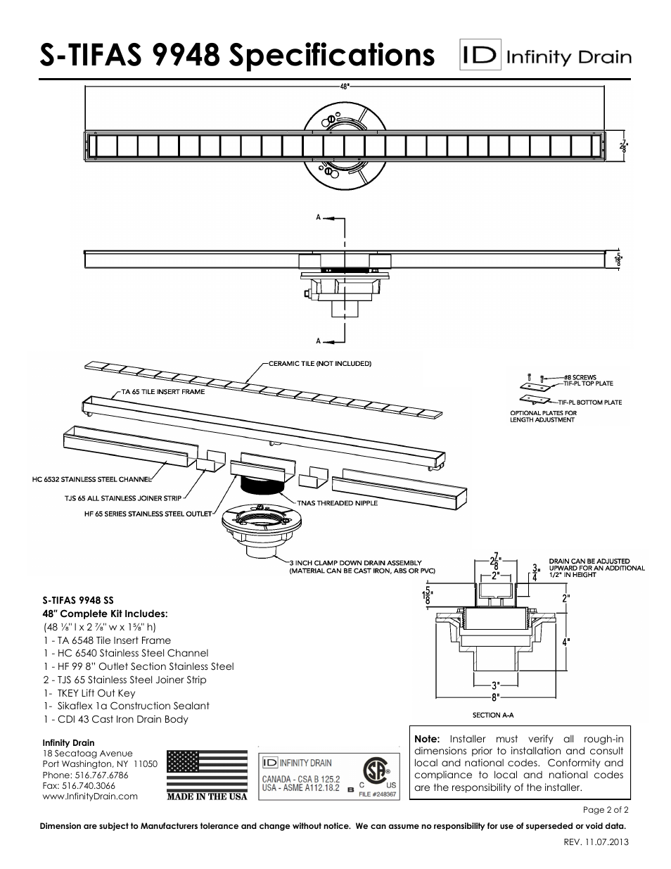 S-tifas 9948 specifications | Infinity Drain S-TIFAS 9948 Series Submittal Sheet User Manual | Page 2 / 2