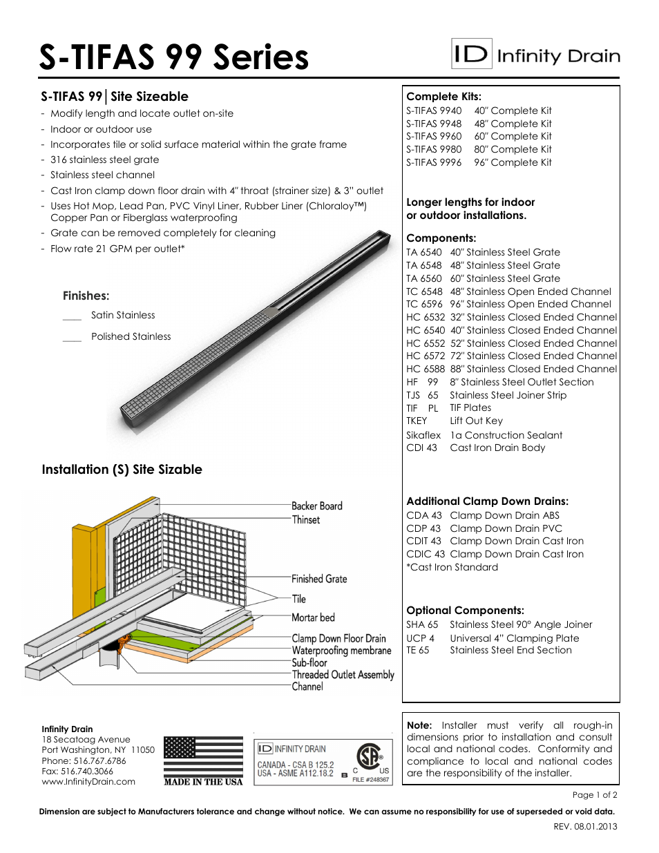 Infinity Drain S-TIFAS 9960 Series Submittal Sheet User Manual | 2 pages