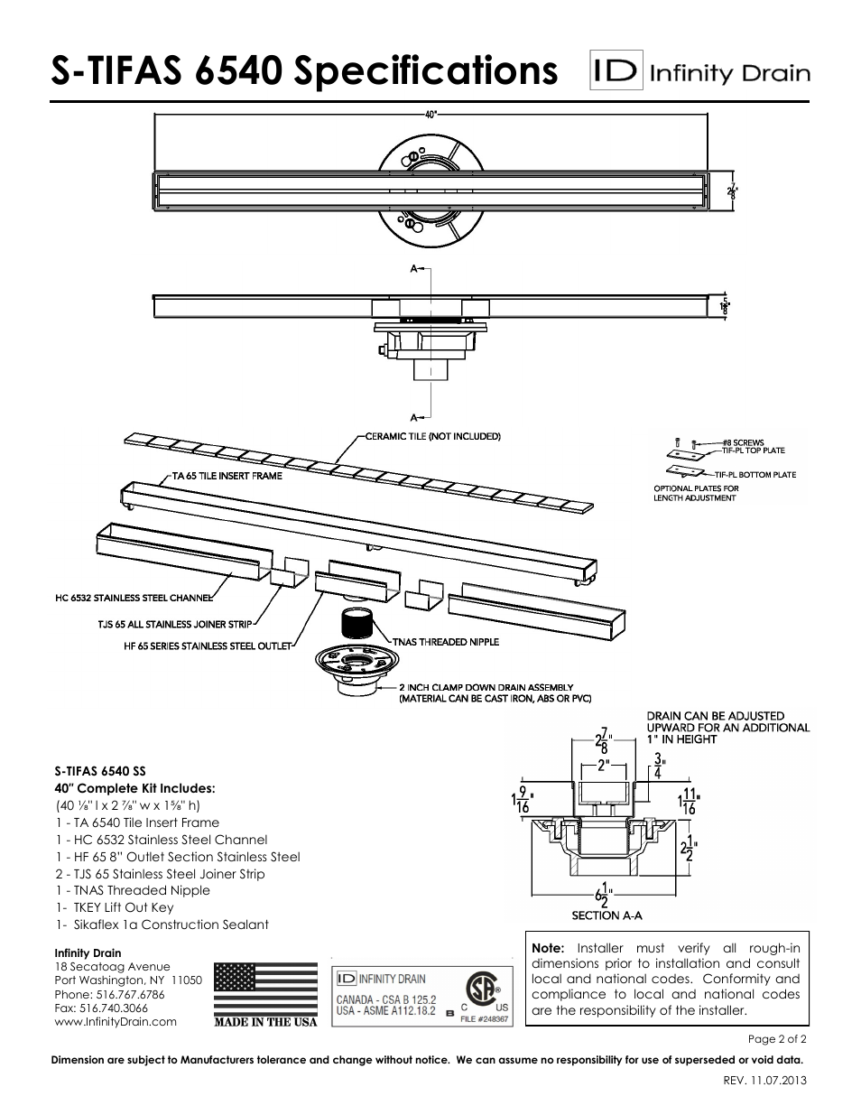 S-tifas 6540 specifications | Infinity Drain S-TIFAS 6540 Series Submittal Sheet User Manual | Page 2 / 2