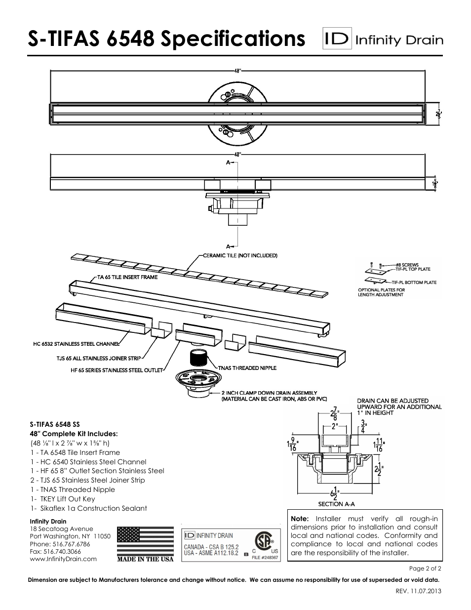 S-tifas 6548 specifications | Infinity Drain S-TIFAS 6548 Series Submittal Sheet User Manual | Page 2 / 2