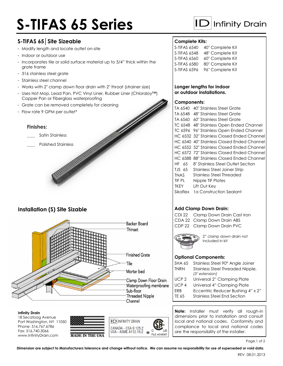 Infinity Drain S-TIFAS 6560 Series Submittal Sheet User Manual | 2 pages
