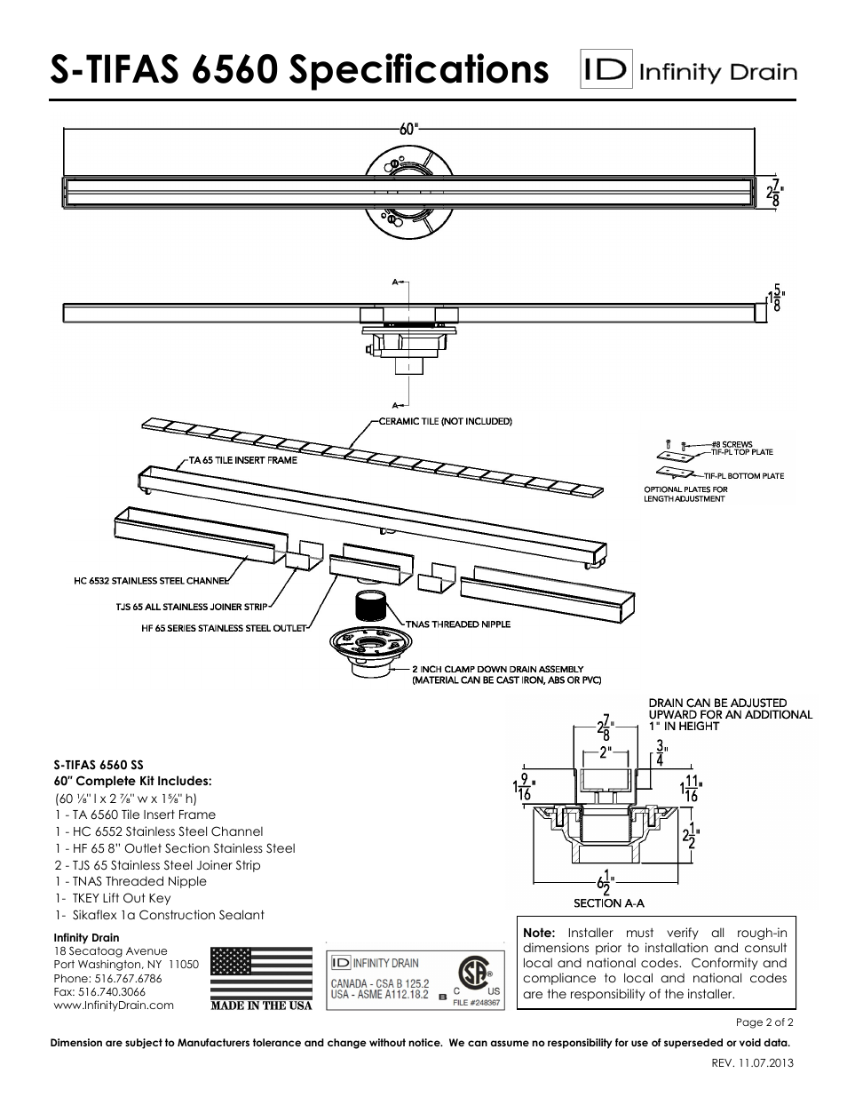S-tifas 6560 specifications | Infinity Drain S-TIFAS 6560 Series Submittal Sheet User Manual | Page 2 / 2