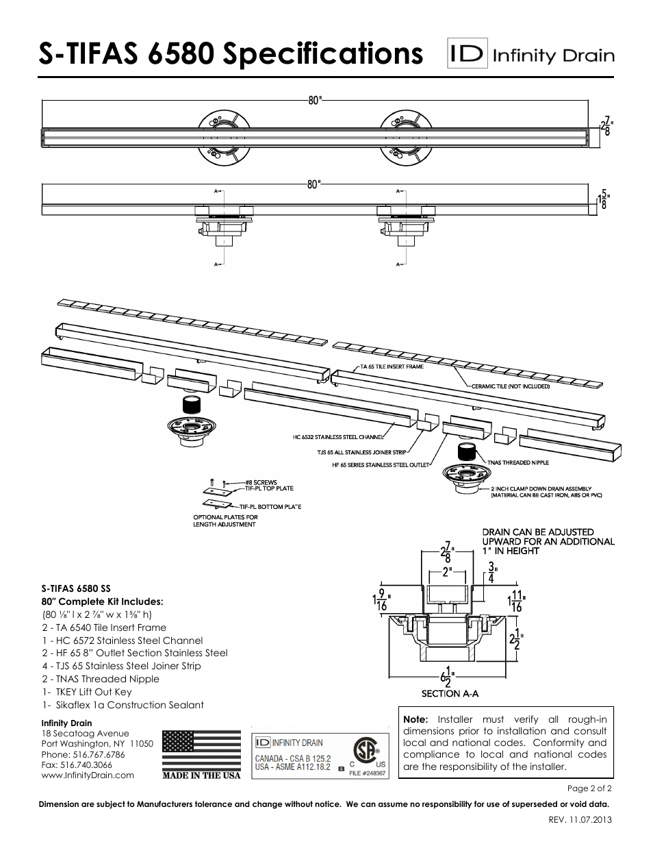S-tifas 6580 specifications | Infinity Drain S-TIFAS 6580 Series Submittal Sheet User Manual | Page 2 / 2