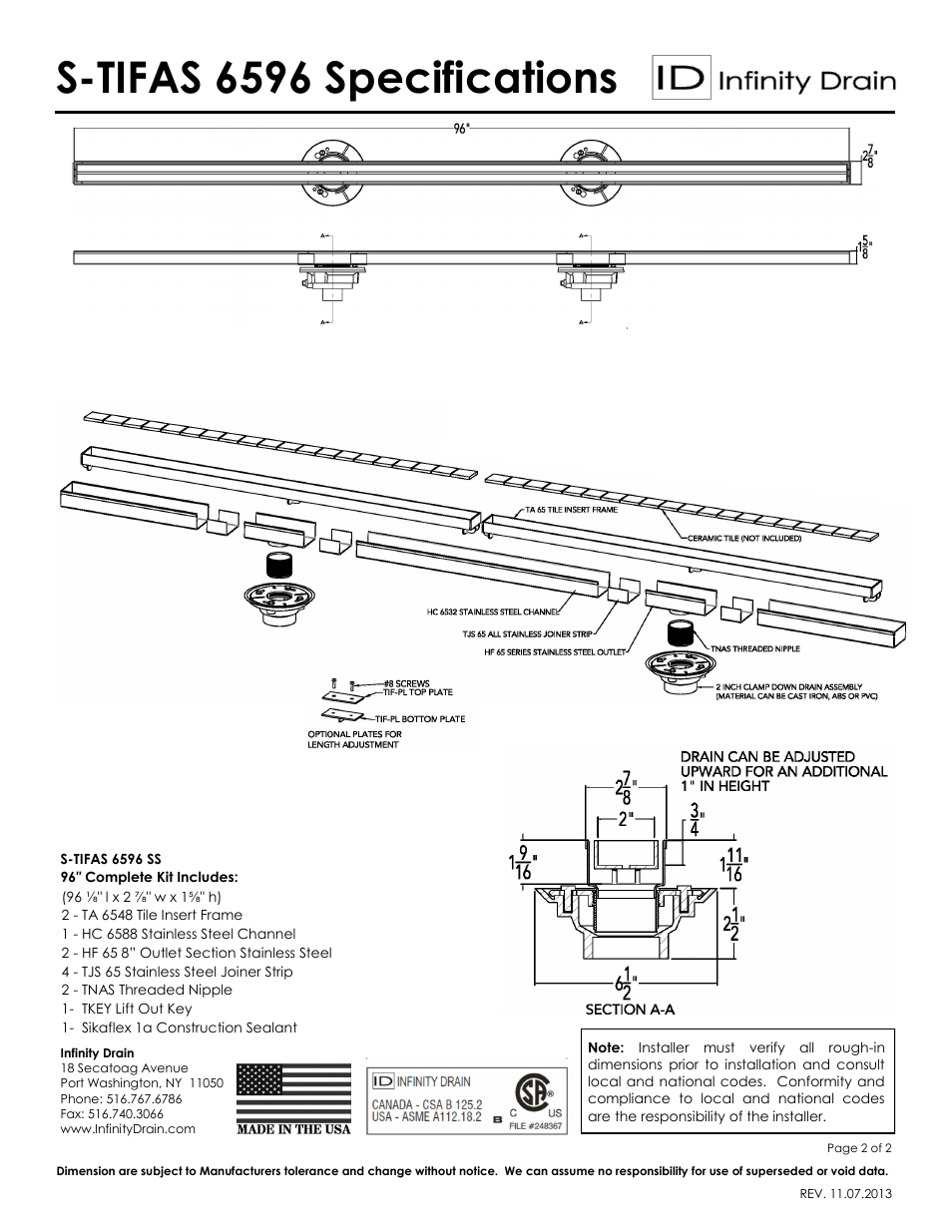 S-tifas 6596 specifications | Infinity Drain S-TIFAS 6596 Series Submittal Sheet User Manual | Page 2 / 2