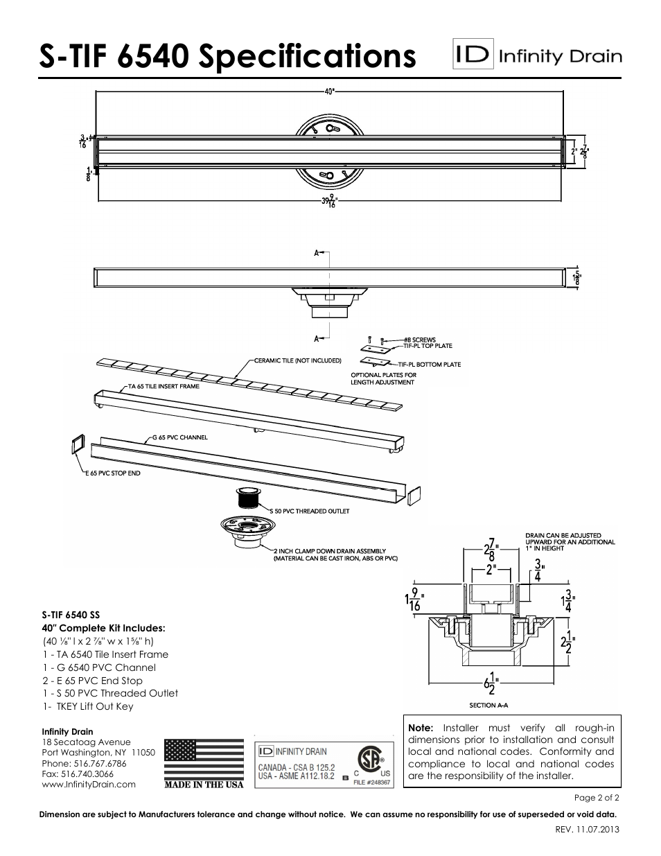 S-tif 6540 specifications | Infinity Drain S-TIF 6540 Series Submittal Sheet User Manual | Page 2 / 2