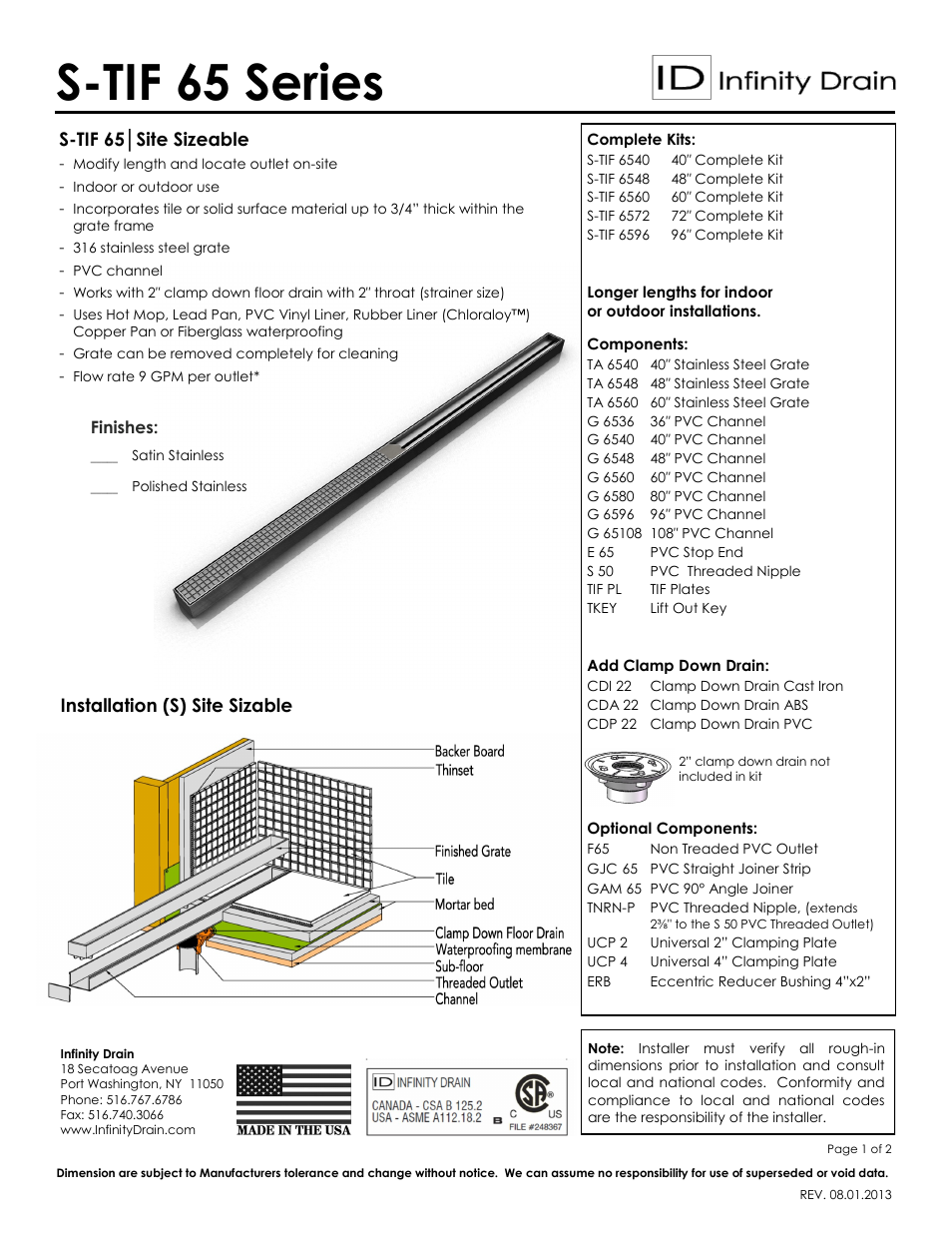 Infinity Drain S-TIF 6548 Series Submittal Sheet User Manual | 2 pages