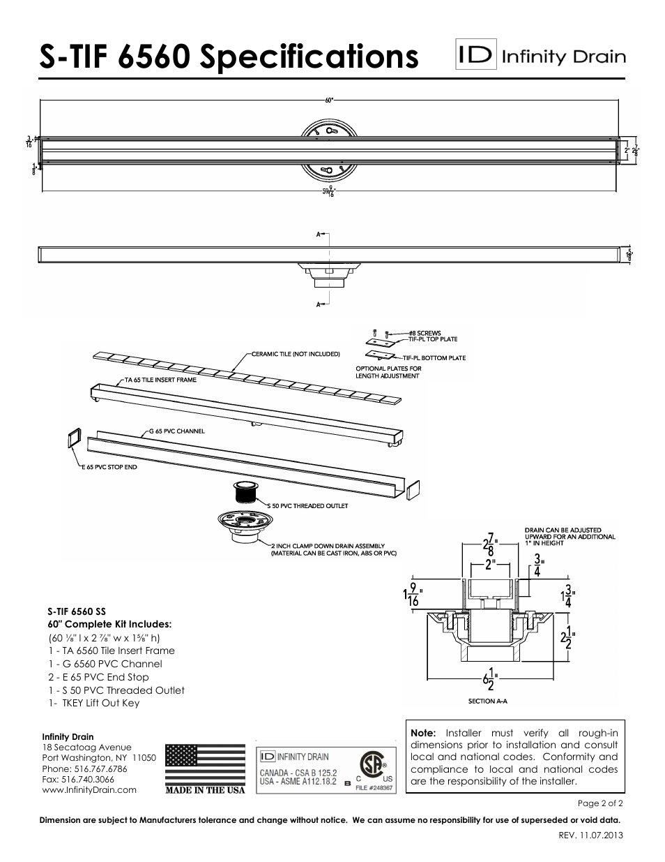 S-tif 6560 specifications | Infinity Drain S-TIF 6560 Series Submittal Sheet User Manual | Page 2 / 2