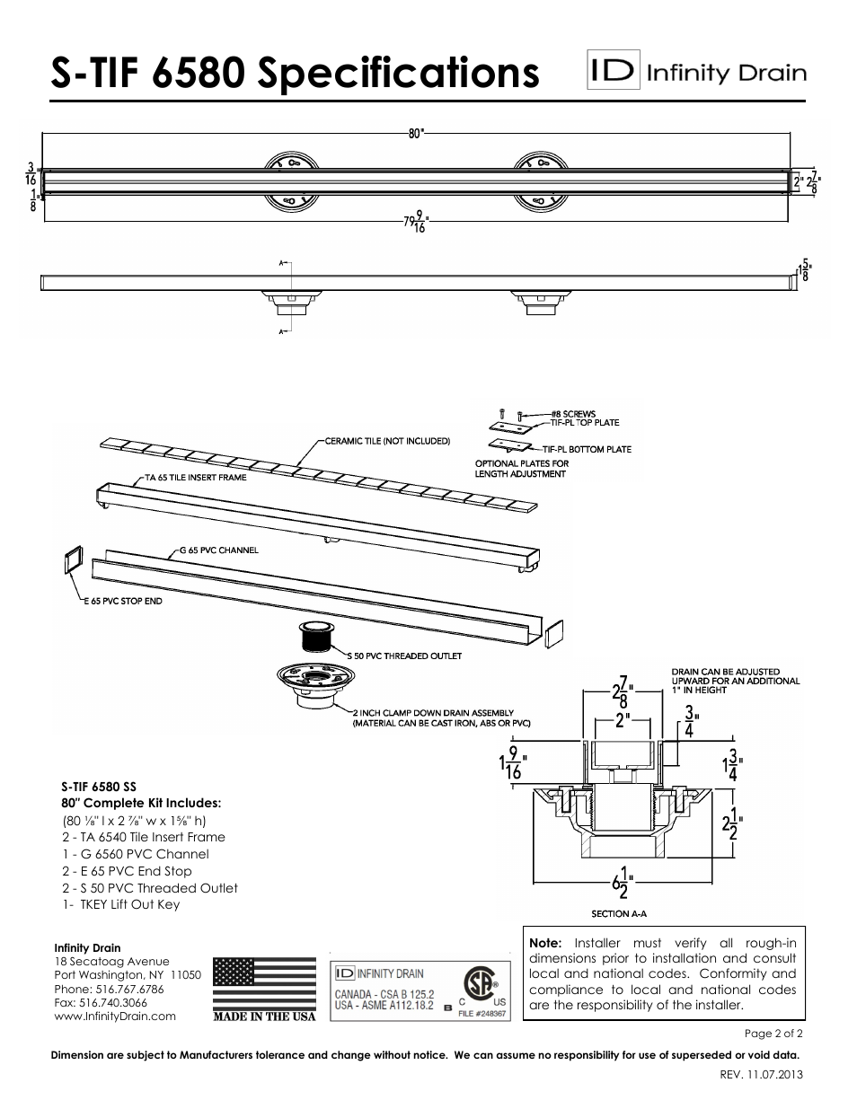 S-tif 6580 specifications | Infinity Drain S-TIF 6580 Series Submittal Sheet User Manual | Page 2 / 2