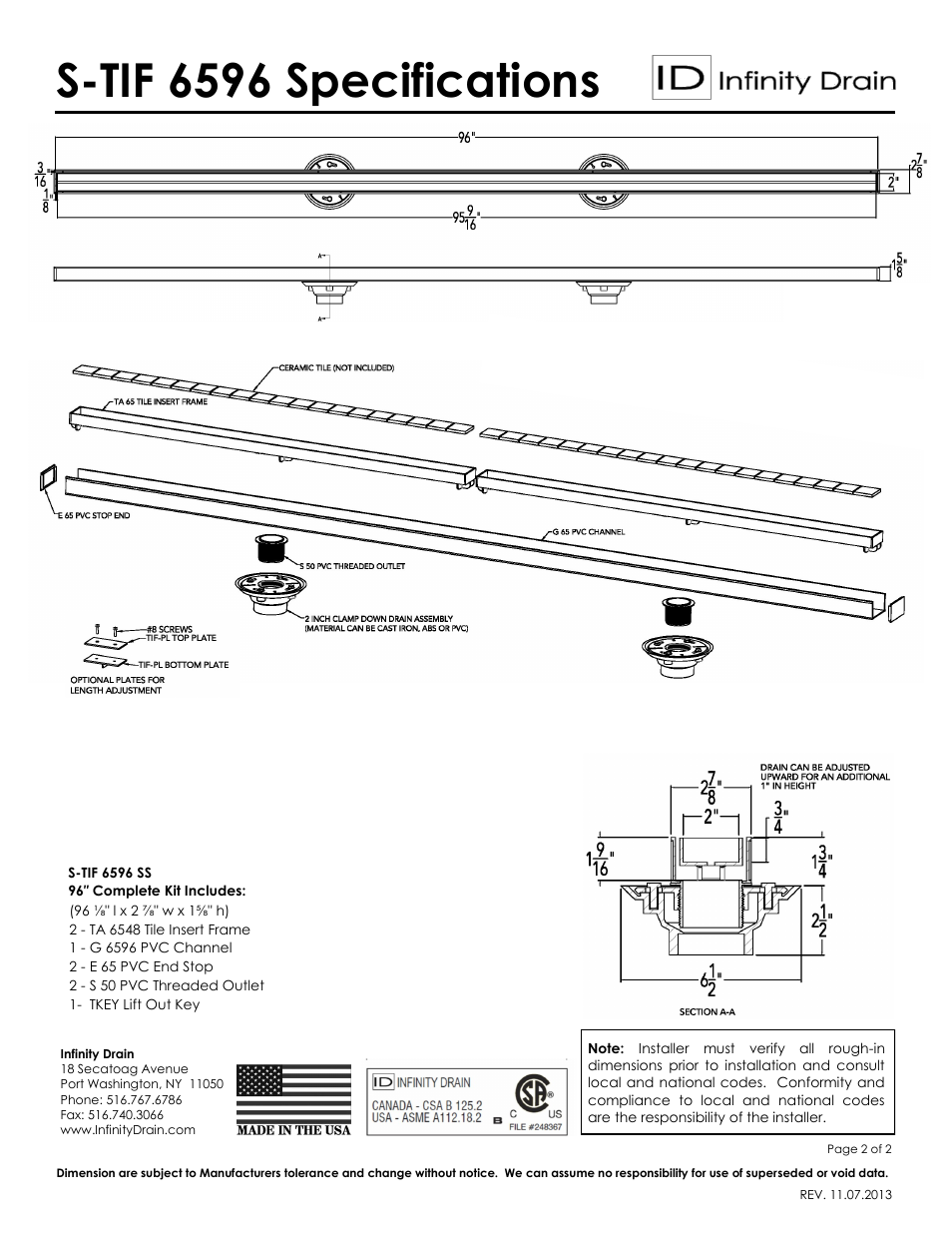 S-tif 6596 specifications | Infinity Drain S-TIF 6596 Series Submittal Sheet User Manual | Page 2 / 2