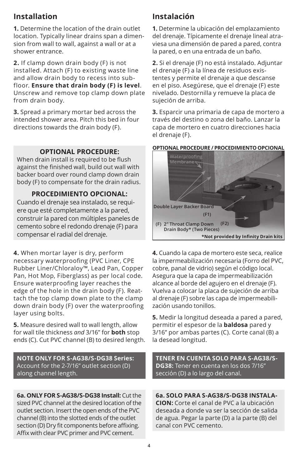 Installation, Instalación | Infinity Drain S-AG 38 Install Instructions User Manual | Page 4 / 8