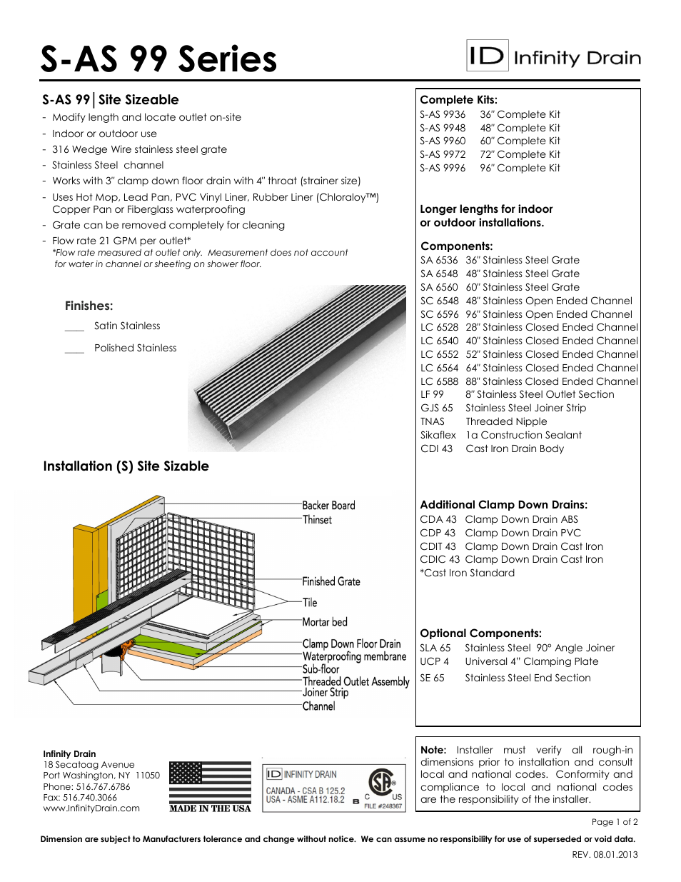 Infinity Drain S-AS 9936 Series Submittal Sheet User Manual | 2 pages