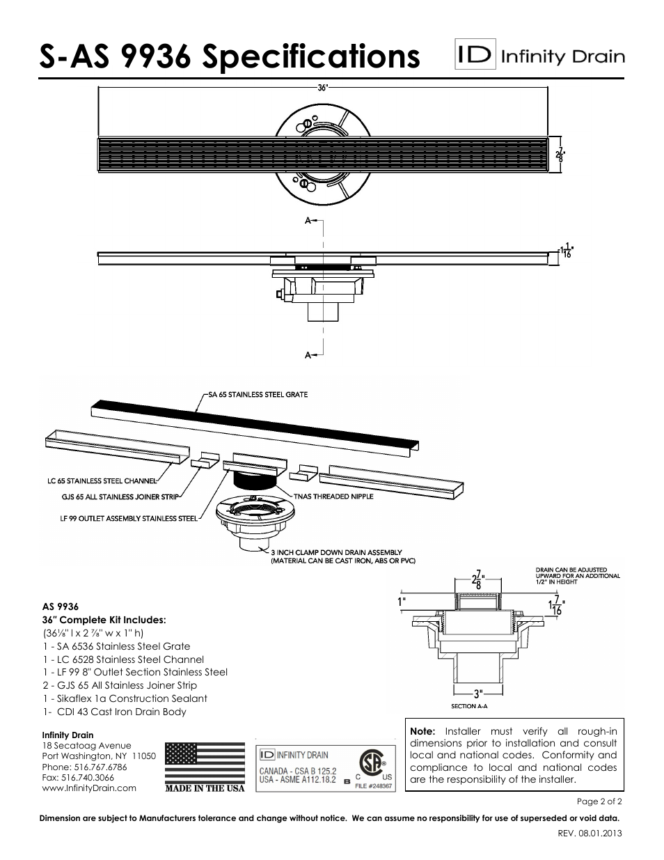 S-as 9936 specifications | Infinity Drain S-AS 9936 Series Submittal Sheet User Manual | Page 2 / 2
