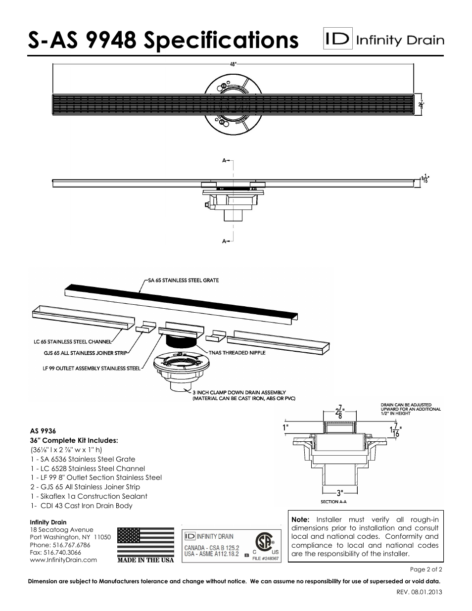 S-as 9948 specifications | Infinity Drain S-AS 9948 Series Submittal Sheet User Manual | Page 2 / 2
