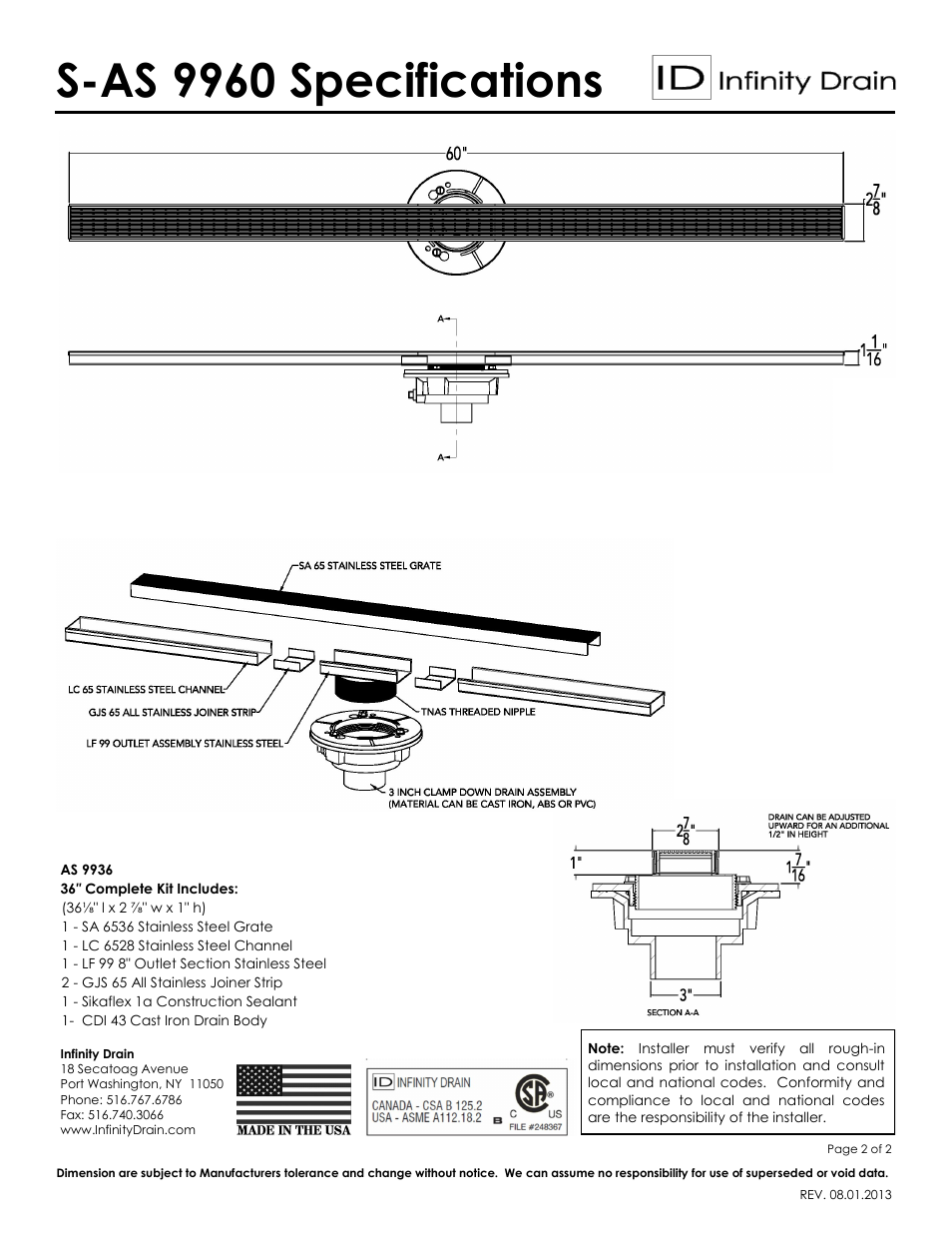 S-as 9960 specifications | Infinity Drain S-AS 9960 Series Submittal Sheet User Manual | Page 2 / 2