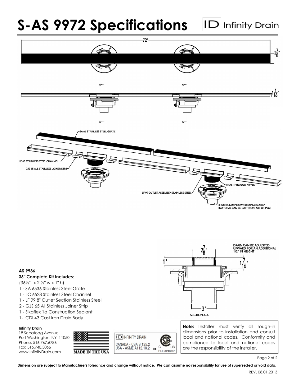 S-as 9972 specifications | Infinity Drain S-AS 9972 Series Submittal Sheet User Manual | Page 2 / 2
