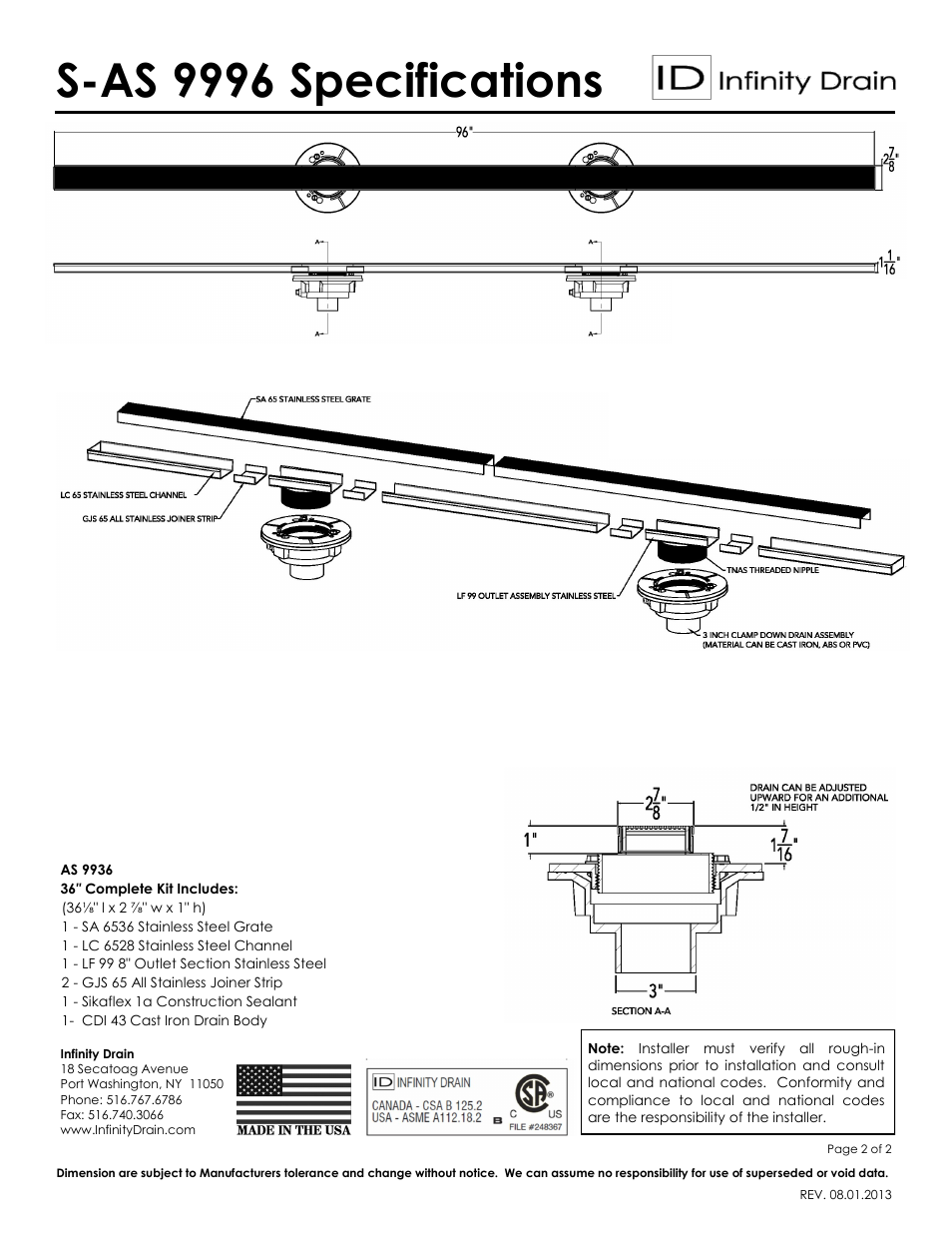 S-as 9996 specifications | Infinity Drain S-AS 9996 Series Submittal Sheet User Manual | Page 2 / 2