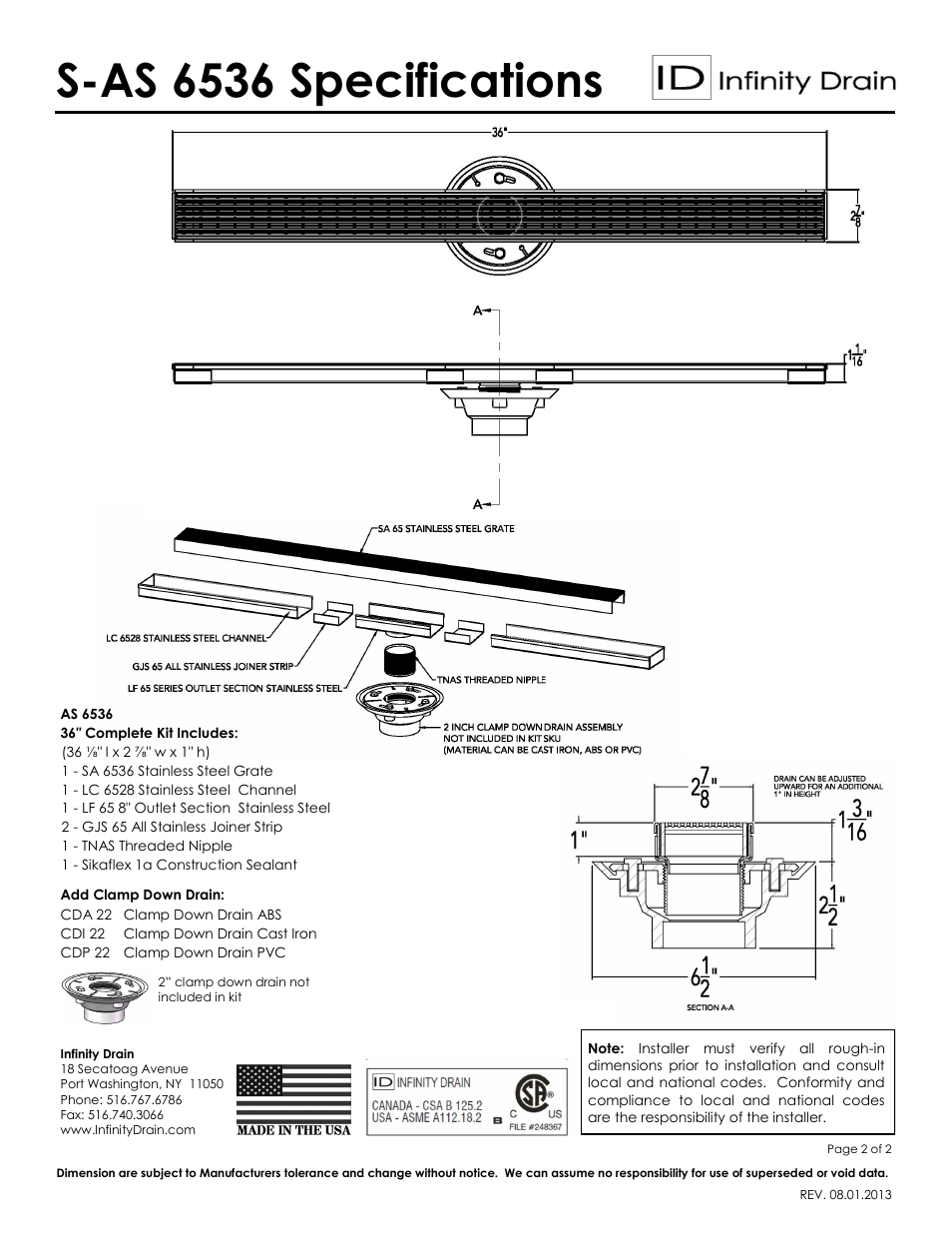 S-as 6536 specifications | Infinity Drain S-AS 6536 Series Submittal Sheet User Manual | Page 2 / 2
