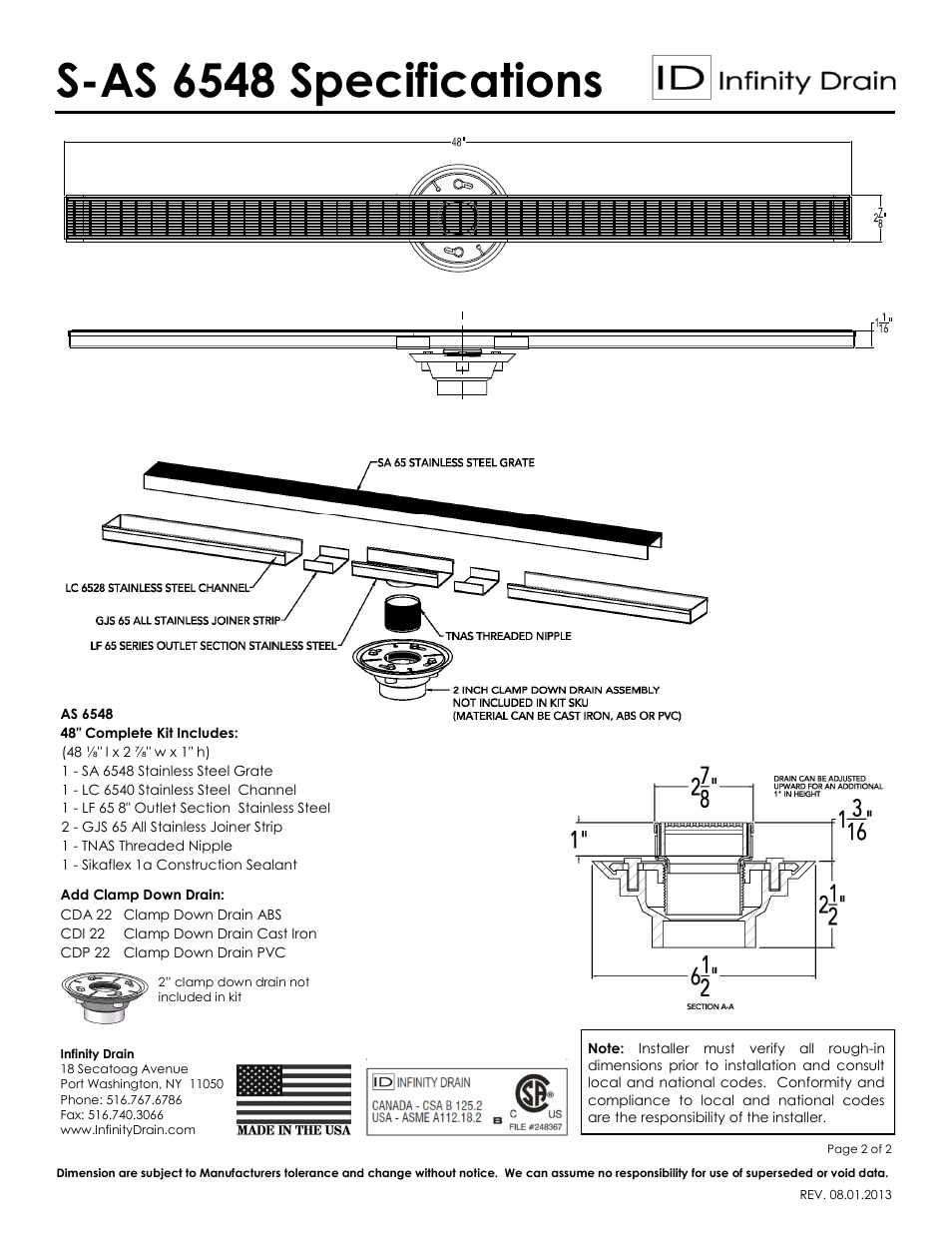 S-as 6548 specifications | Infinity Drain S-AS 6548 Series Submittal Sheet User Manual | Page 2 / 2