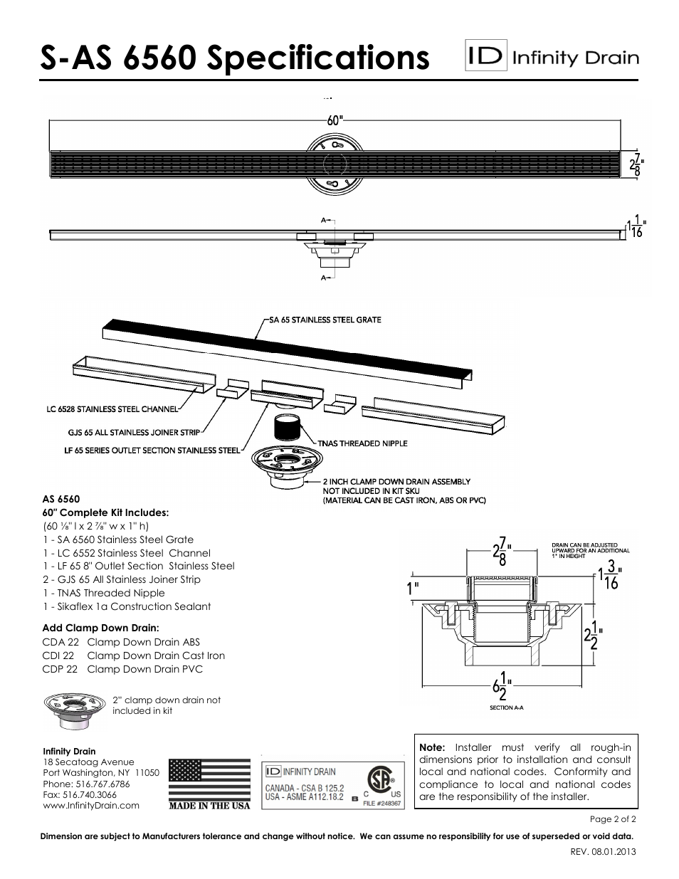 S-as 6560 specifications | Infinity Drain S-AS 6560 Series Submittal Sheet User Manual | Page 2 / 2