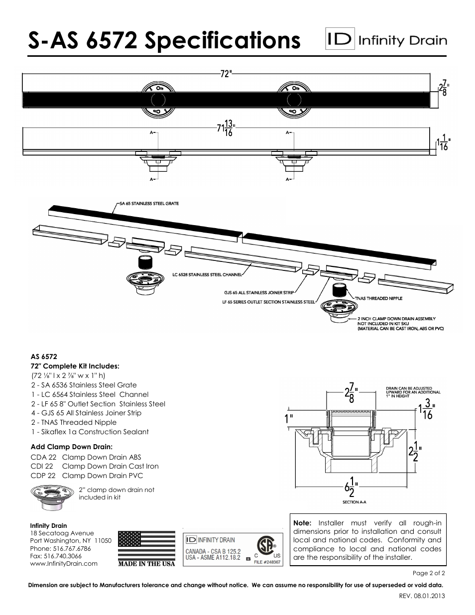 S-as 6572 specifications | Infinity Drain S-AS 6572 Series Submittal Sheet User Manual | Page 2 / 2