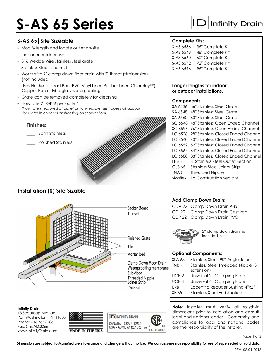 Infinity Drain S-AS 6596 Series Submittal Sheet User Manual | 2 pages