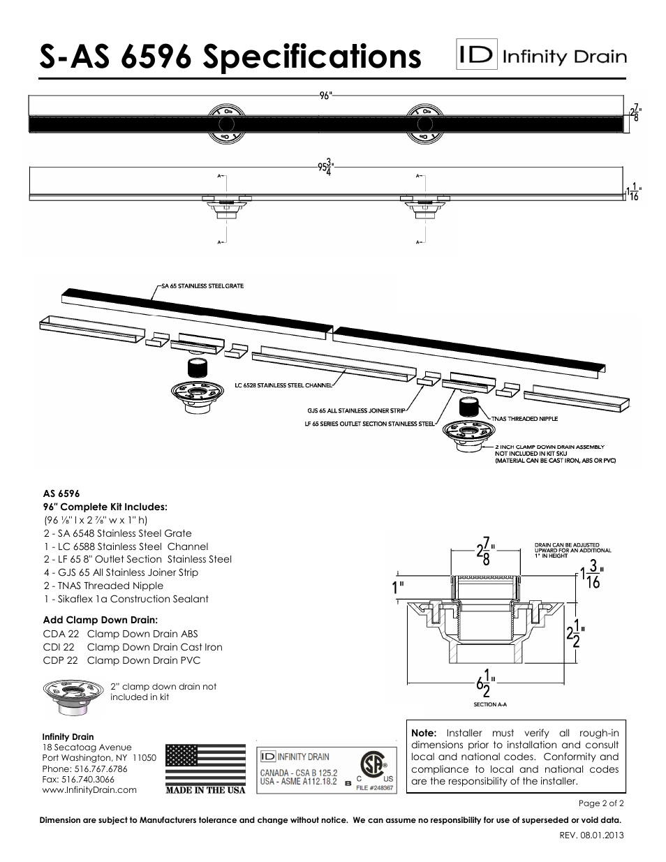 S-as 6596 specifications | Infinity Drain S-AS 6596 Series Submittal Sheet User Manual | Page 2 / 2