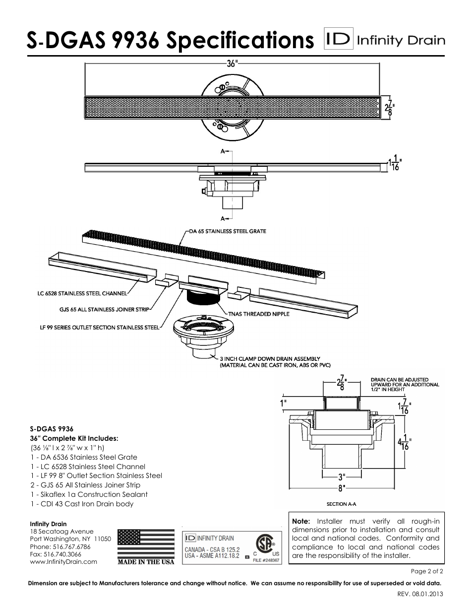 Dgas, 9936 specifications | Infinity Drain S-DGAS 9936 Series Submittal Sheet User Manual | Page 2 / 2