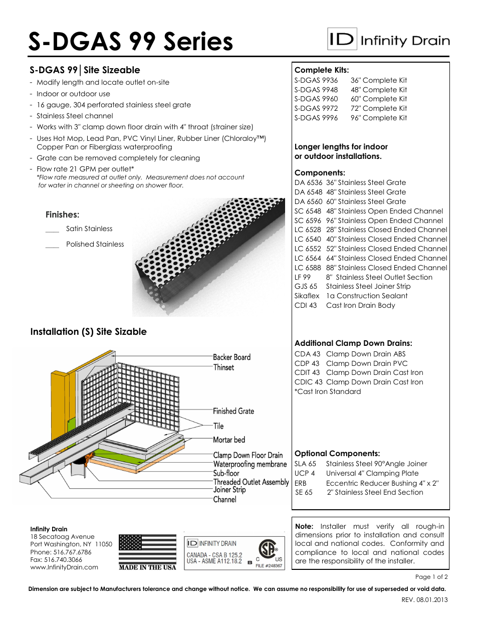 Infinity Drain S-DGAS 9996 Series Submittal Sheet User Manual | 2 pages