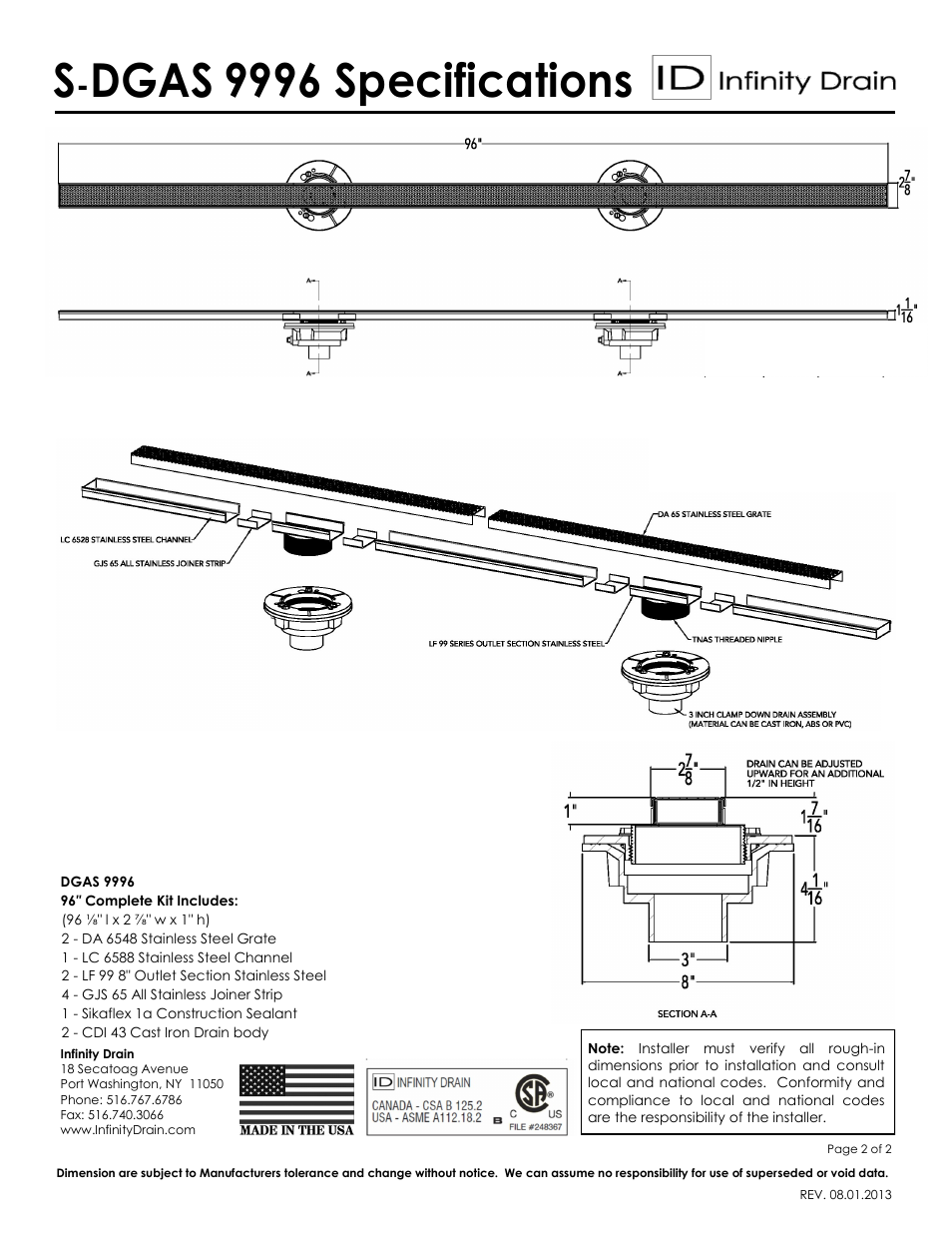 Dgas, 9996 specifications | Infinity Drain S-DGAS 9996 Series Submittal Sheet User Manual | Page 2 / 2