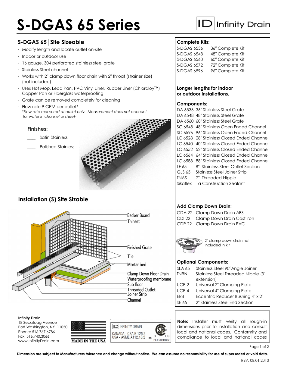 Infinity Drain S-DGAS 6536 Series Submittal Sheet User Manual | 2 pages