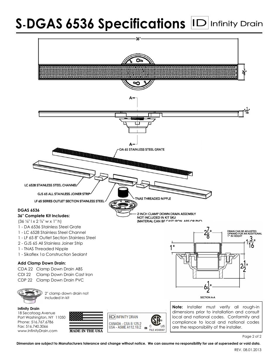 Dgas, 6536 specifications | Infinity Drain S-DGAS 6536 Series Submittal Sheet User Manual | Page 2 / 2