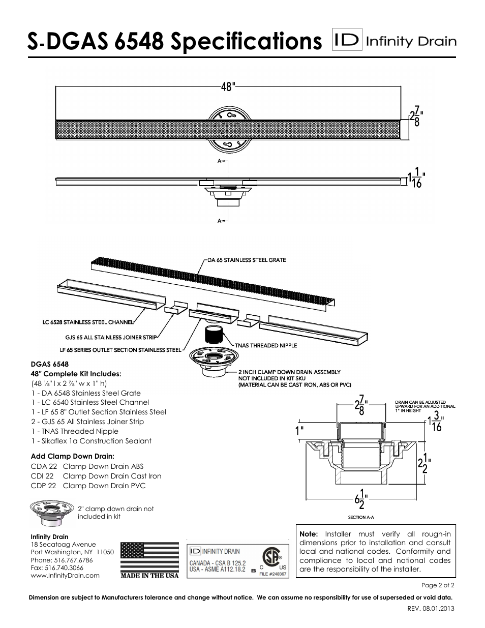 Dgas, 6548 specifications | Infinity Drain S-DGAS 6548 Series Submittal Sheet User Manual | Page 2 / 2
