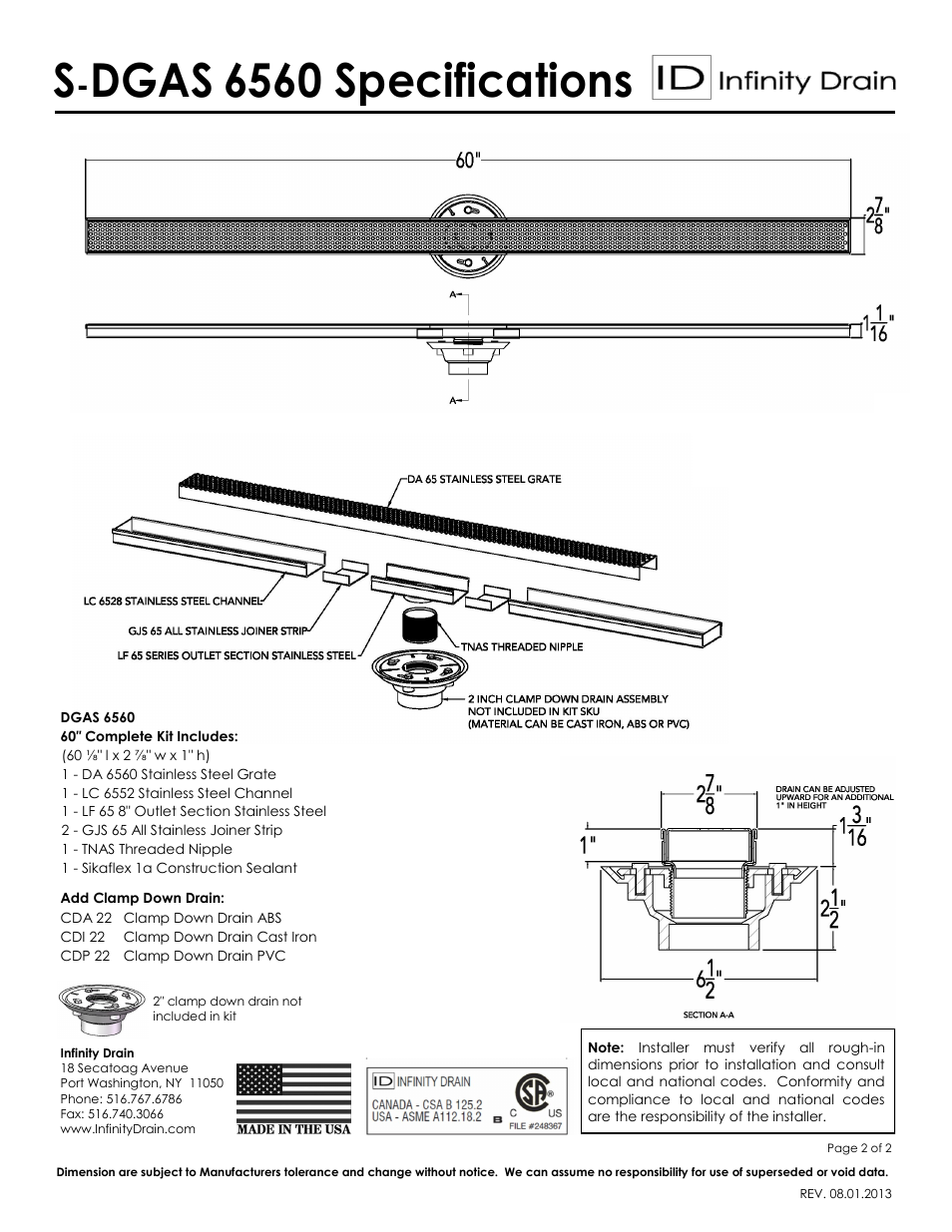 Dgas, 6560 specifications | Infinity Drain S-DGAS 6560 Series Submittal Sheet User Manual | Page 2 / 2
