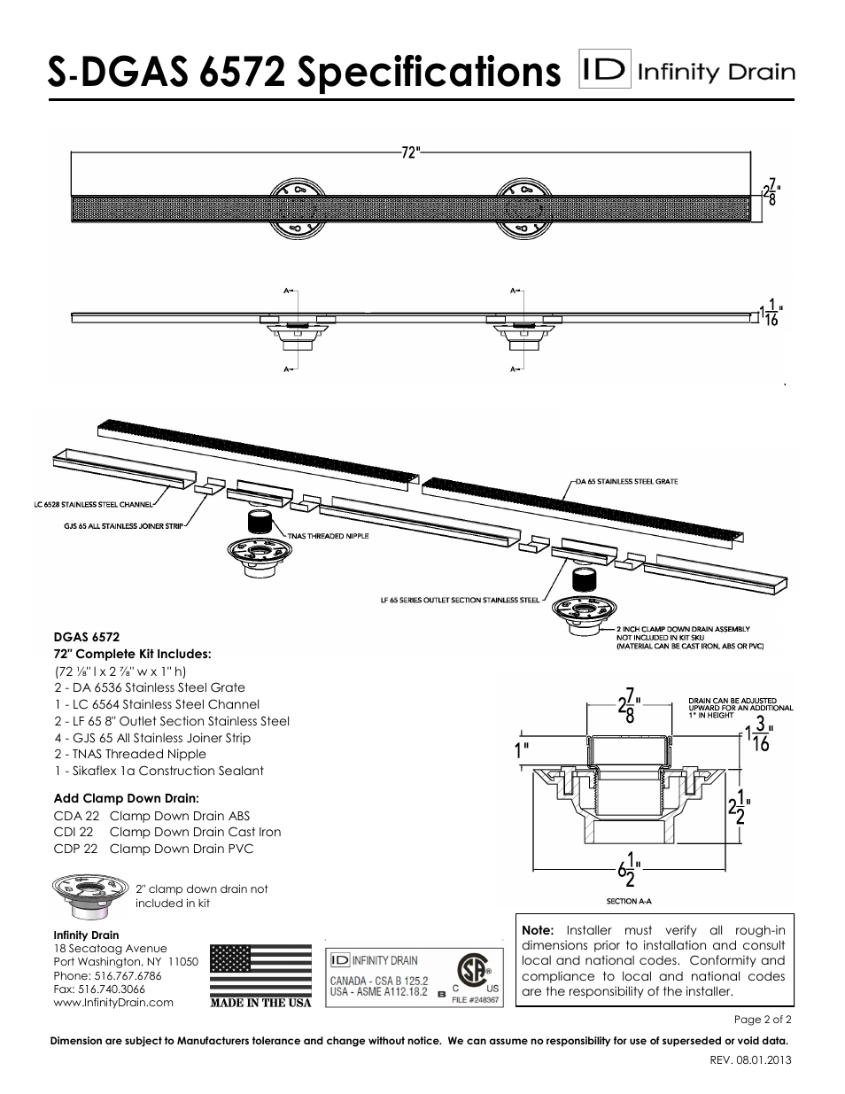 Dgas, 6572 specifications | Infinity Drain S-DGAS 6572 Series Submittal Sheet User Manual | Page 2 / 2