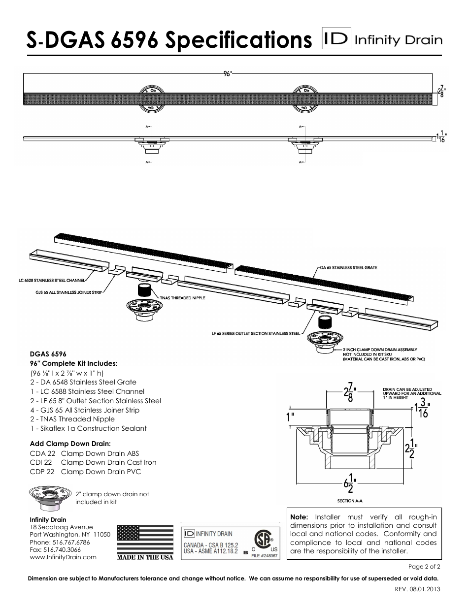 Dgas, 6596 specifications | Infinity Drain S-DGAS 6596 Series Submittal Sheet User Manual | Page 2 / 2