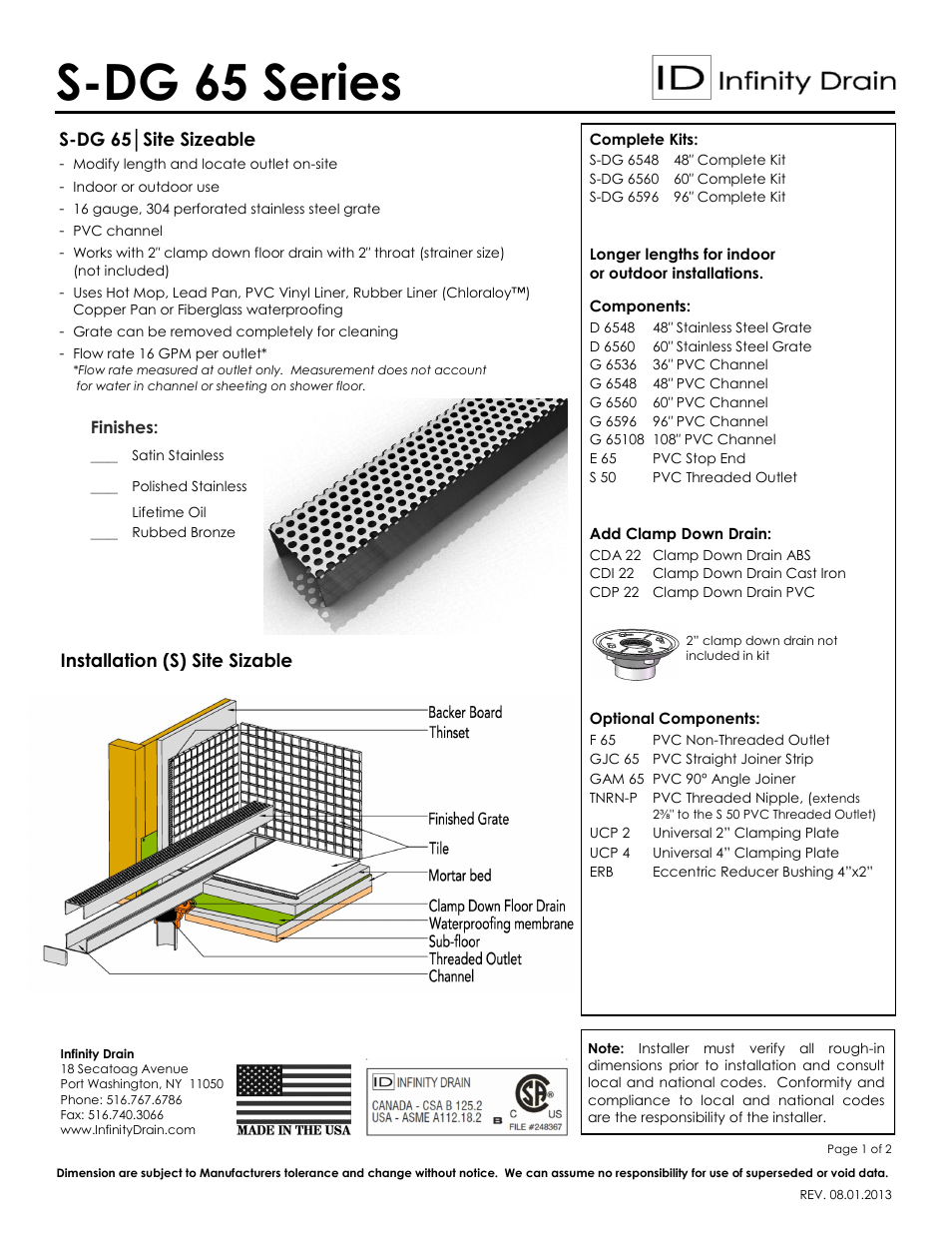 Infinity Drain S-DG 6548 Series Submittal Sheet User Manual | 2 pages