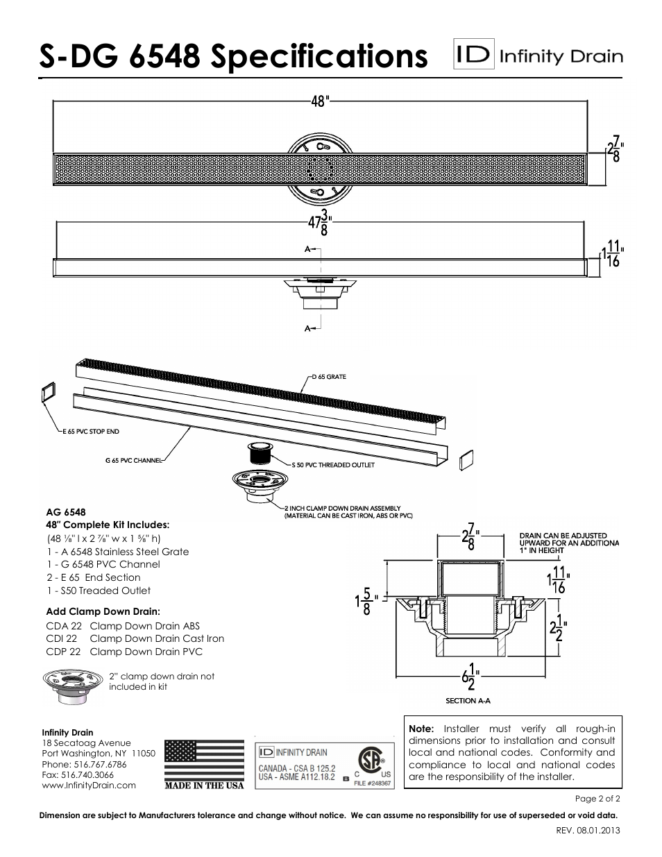 S-dg 6548 specifications | Infinity Drain S-DG 6548 Series Submittal Sheet User Manual | Page 2 / 2