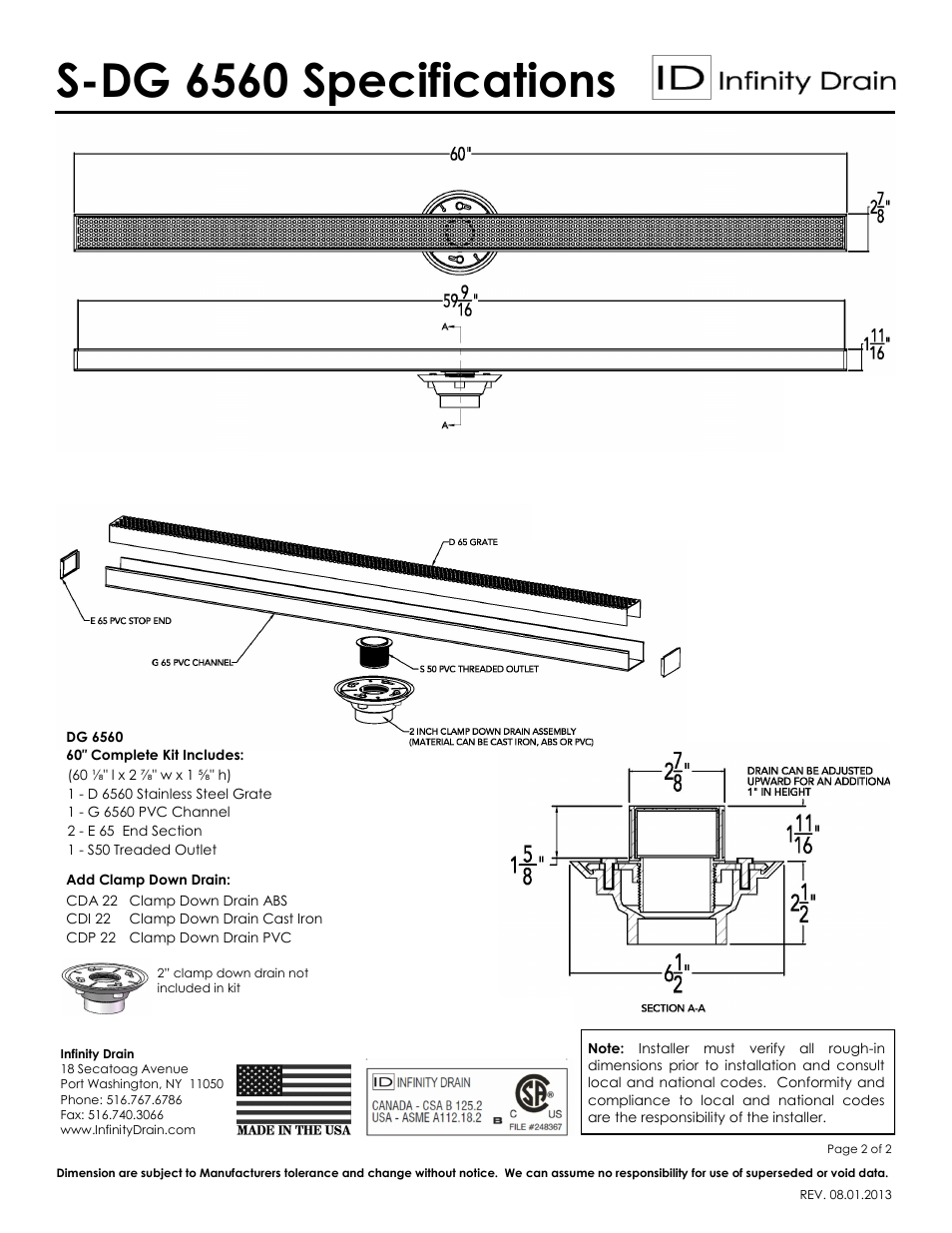 S-dg 6560 specifications | Infinity Drain S-DG 6560 Series Submittal Sheet User Manual | Page 2 / 2