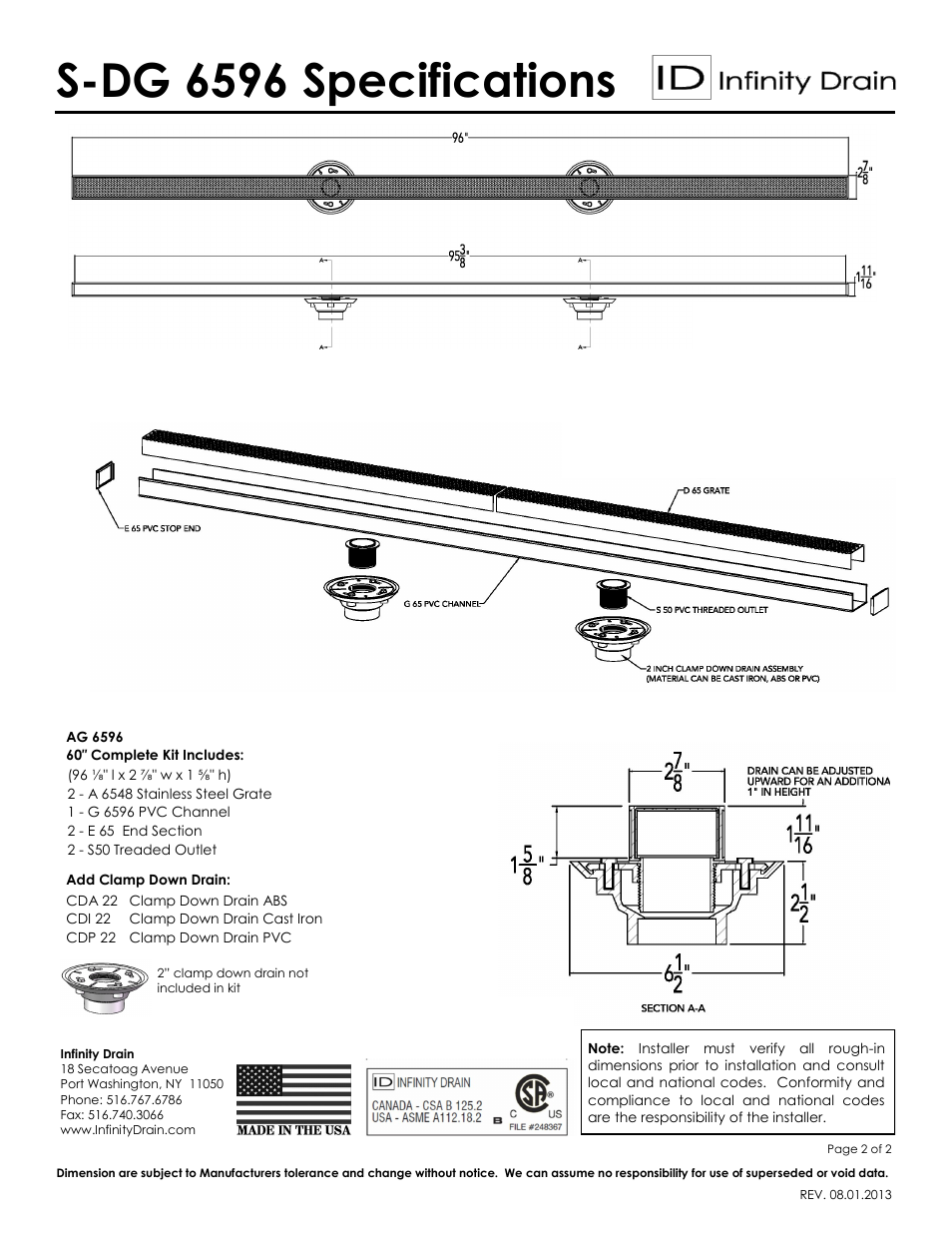 S-dg 6596 specifications | Infinity Drain S-DG 6596 Series Submittal Sheet User Manual | Page 2 / 2