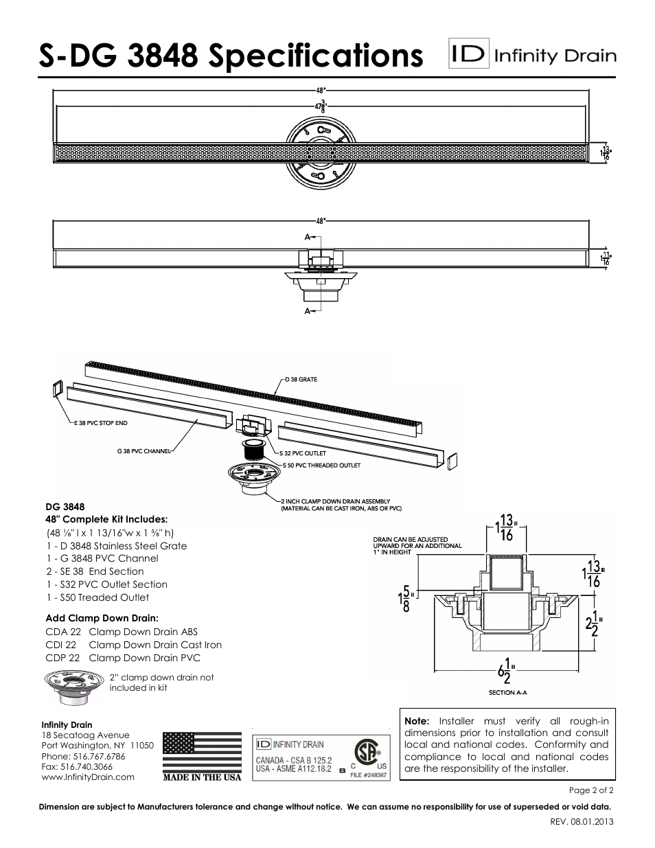 S-dg 3848 specifications | Infinity Drain S-DG 3848 Series Submittal Sheet User Manual | Page 2 / 2